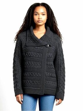 Inis Crafts Black Aran Wool Cardigan Single Button Front Collared Ireland L